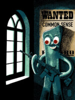 An image of Gumby holding an assault rifle in a church.