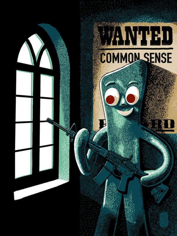 An image of Gumby holding an assault rifle in a church.