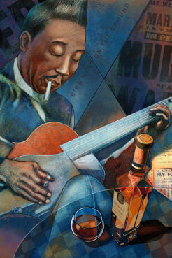 Muddy Waters Art by S. Christopher James. Painting of muddy waters in cubist art form playing guitar.
