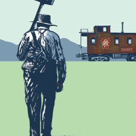 John Henry depicted as an old man walking towards a caboose with a sledge hammer.