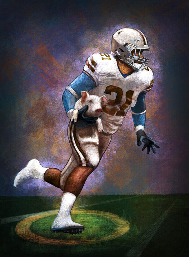 Digital Painting of Football player running with a pig by S.C. James