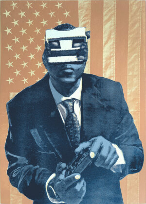 Virtual Reality, by s.c. James. A man with a viewfinder toy taped to his face with a gaming controller