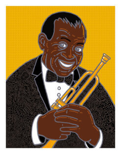 An artistic representation of the well-known jazz musician Louis Armstrong.