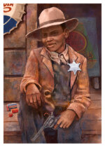 Digital painting of an African American boy playing a sheriff in 20th-century USA.