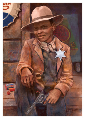 Digital painting of an African American boy playing a sheriff in 20th-century USA.