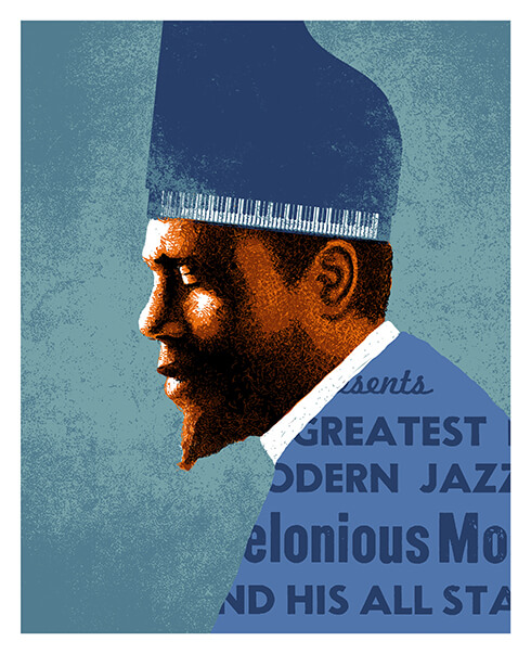 Profile view of Thelonious Monk with Piano for a hat.