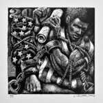 African-American male bound and tied with rope chains and the American flag holding the Constitution.