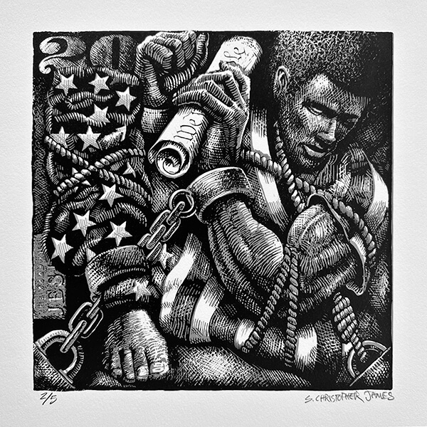African-American male bound and tied with rope chains and the American flag holding the Constitution.