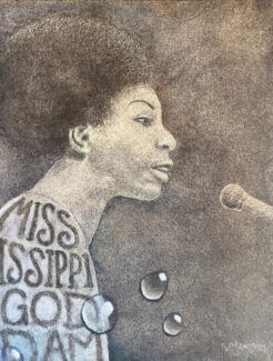 Oil painting using a scratchboard technique of Nina Simone.
