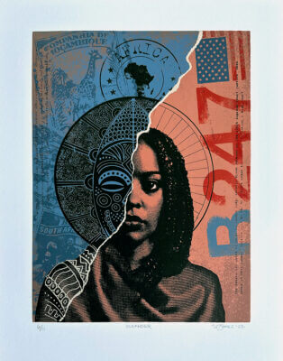 A collage of an African-American women torn paper mask on left side