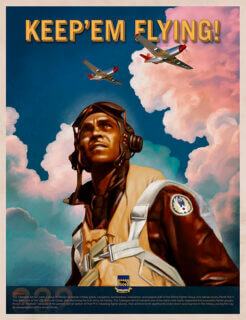 A vintage-style poster of a Tuskegee Airmen pilot by S.C. James.