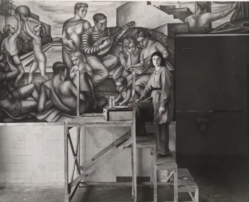 Marion Greenwood with a mural she created for the WPA