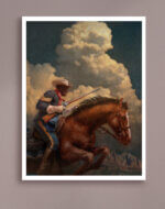 Painting by S.C.James called Buffalo Soldier: Legacy on the Frontier. Cavalry Soldier with rifle drawn. Tall clouds in background