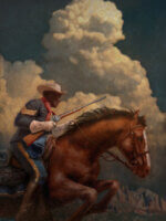 Painting by S.C.James called Buffalo Soldier: Legacy on the Frontier. Cavalry Soldier with rifle drawn. Tall clouds in background