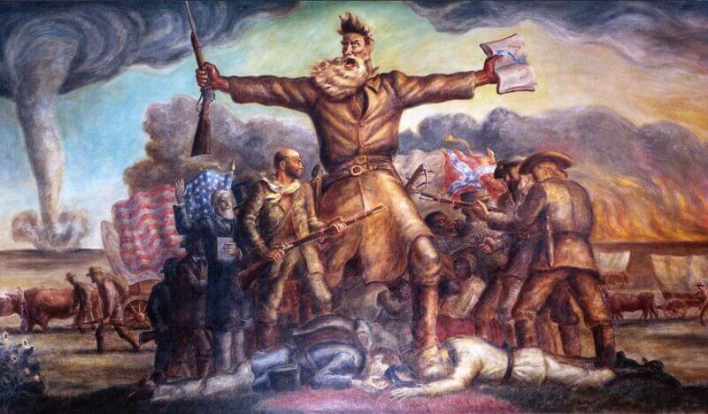 John Brown in front of and between fighting Union and Confederate soldiers.