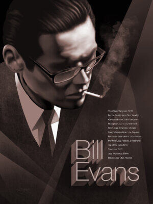 Bill Evans poster Illustrated in sepia tones. With several of the venues he played listed.