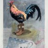 A serigraph image by S. C. James of a rooster with a E Pluribus Unum banner in it's mouth