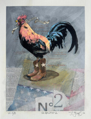 A serigraph image by S. C. James of a rooster with a E Pluribus Unum banner in it's mouth